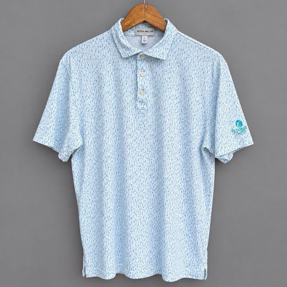 Peter Millar El Dorado Polo Shirt Mens L Blue White All Over Bottle Print Golf
